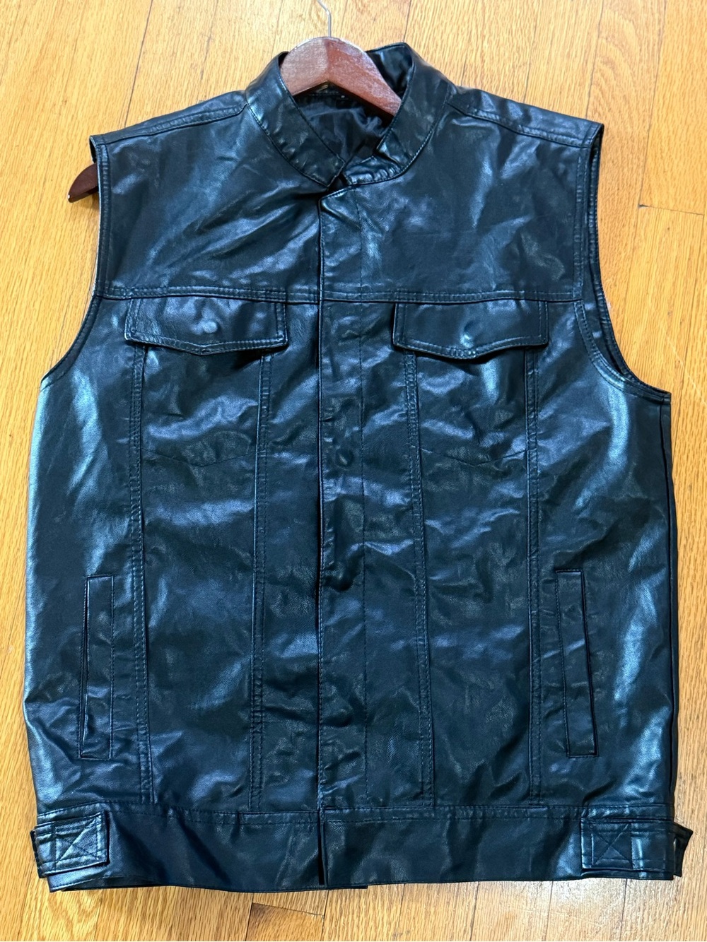 Men's Black Biker Faux Leather Vest - Classic Sleeveless Jacket